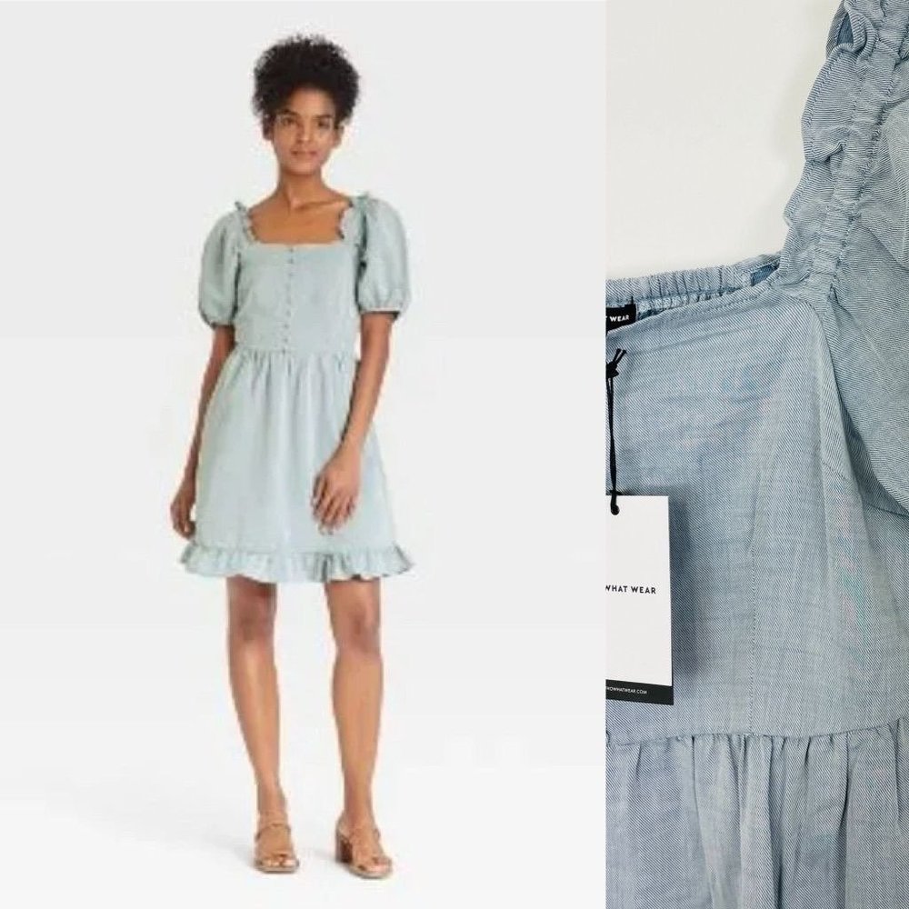 Who What Wear Women's Dress Small Blue Puff Short Sleeve Mini Ruffle Hem New